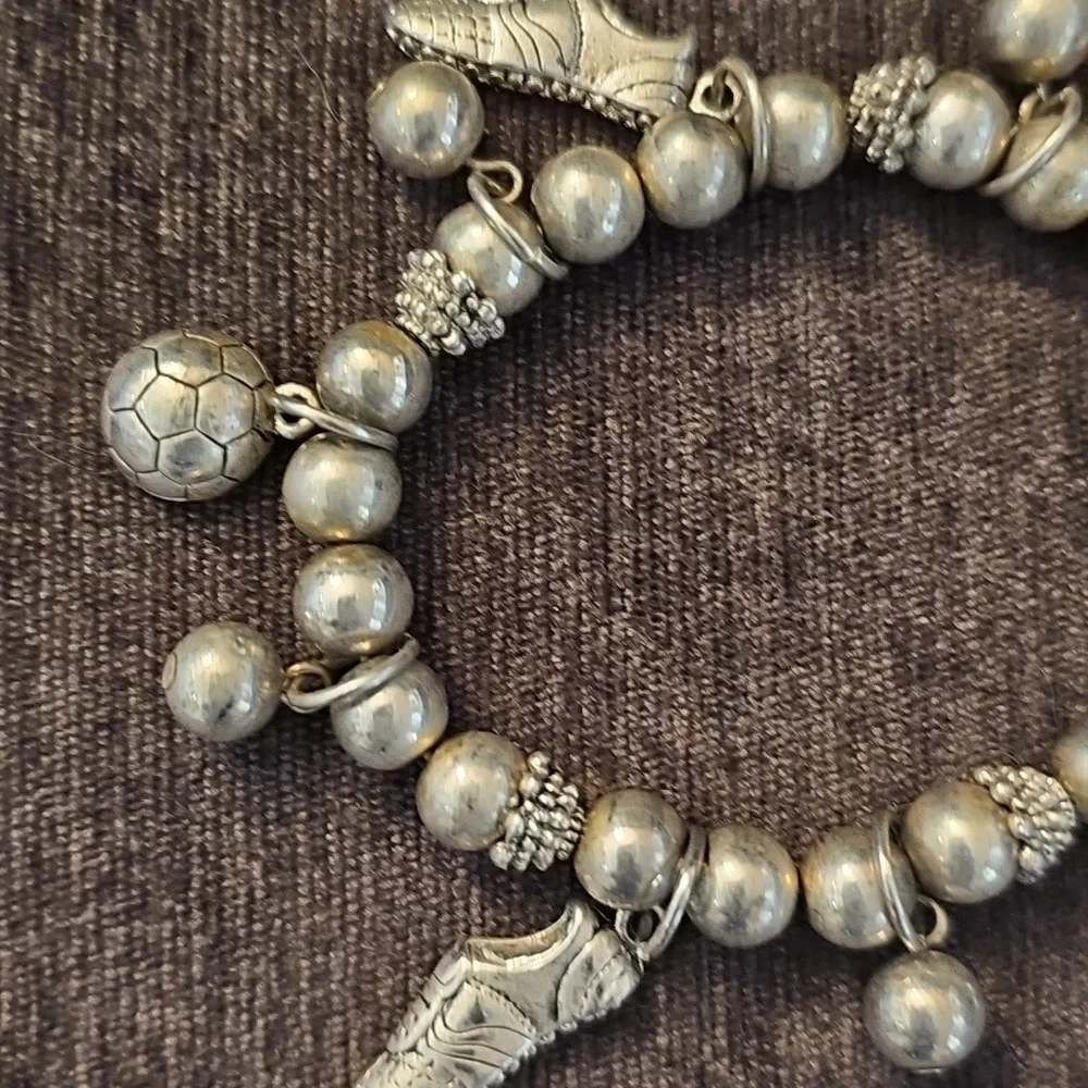 Stretchy Silver Tone Soccer Charm Bracelet